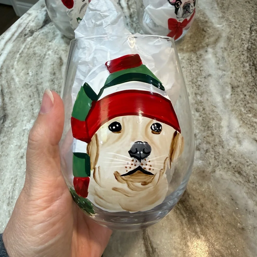 PIER 1 Holiday Christmas Festive Dogs Hand Painted Stemless Wine Glass Set/4 NEW